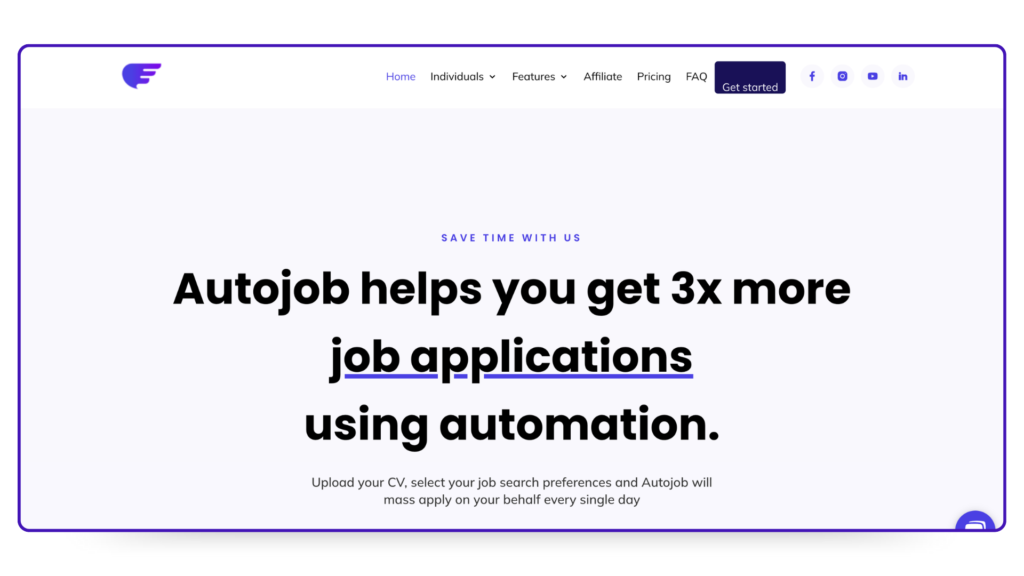 Autojob-Homepage mit dem Text: "Erhalten Sie 3x mehr Bewerbungen durch Automatisierung".