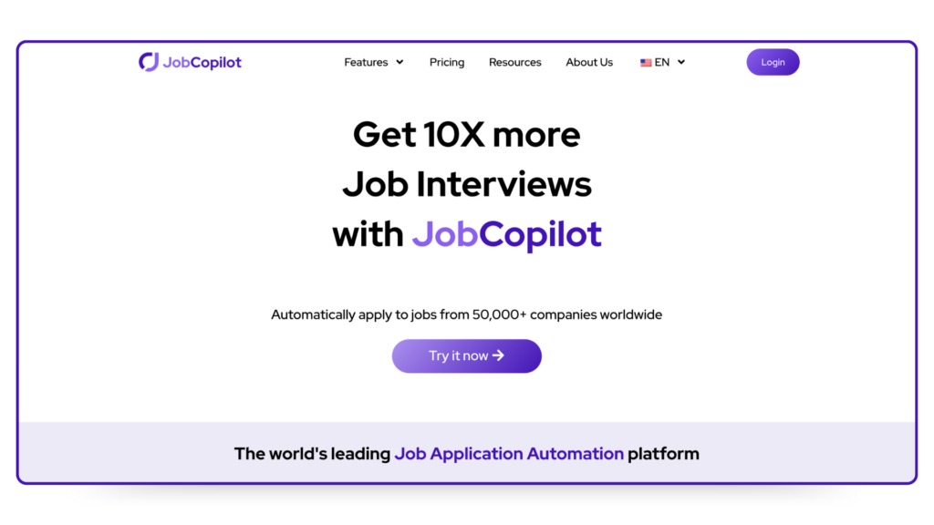 Página de inicio de JobCopilot con el texto: "Consigue 10 veces más entrevistas de trabajo con JobCopilot".