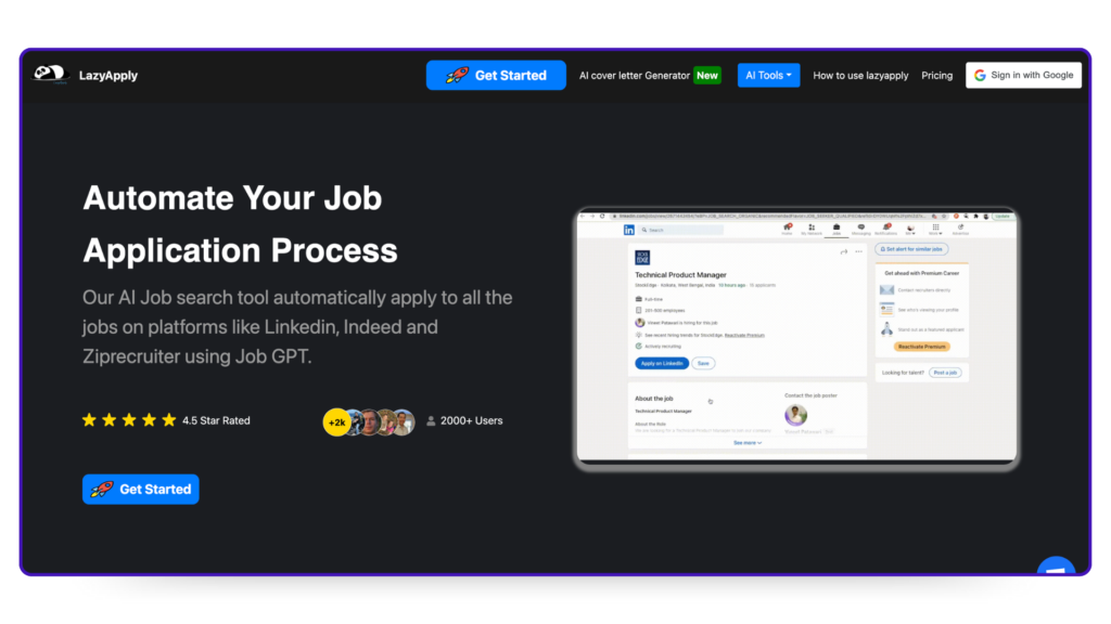 LazyApply-Homepage mit dem Text: "Automatisieren Sie Ihren Bewerbungsprozess mithilfe von KI".