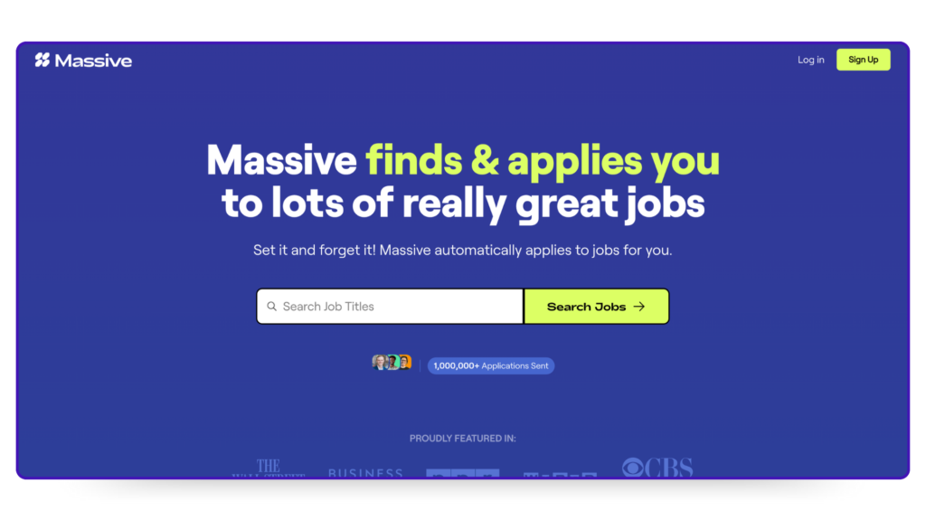 Riesige Homepage mit dem Text: "Findet und bewirbt sich automatisch für Sie".