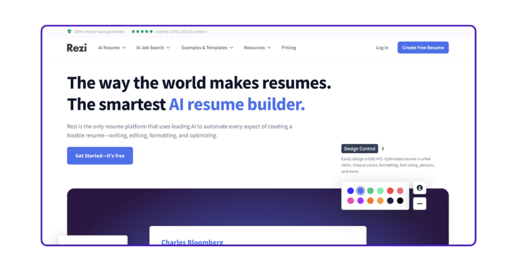 Rezi AI-powered resume builder homepage with a call to create a free resume.