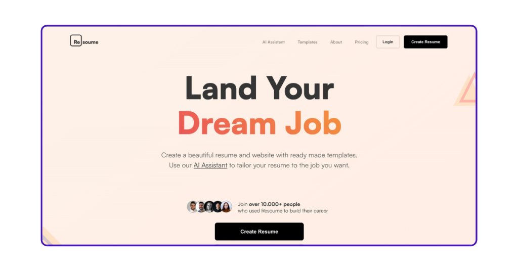 Página de inicio del asistente Resoume AI que promueve la creación de currículos a medida.