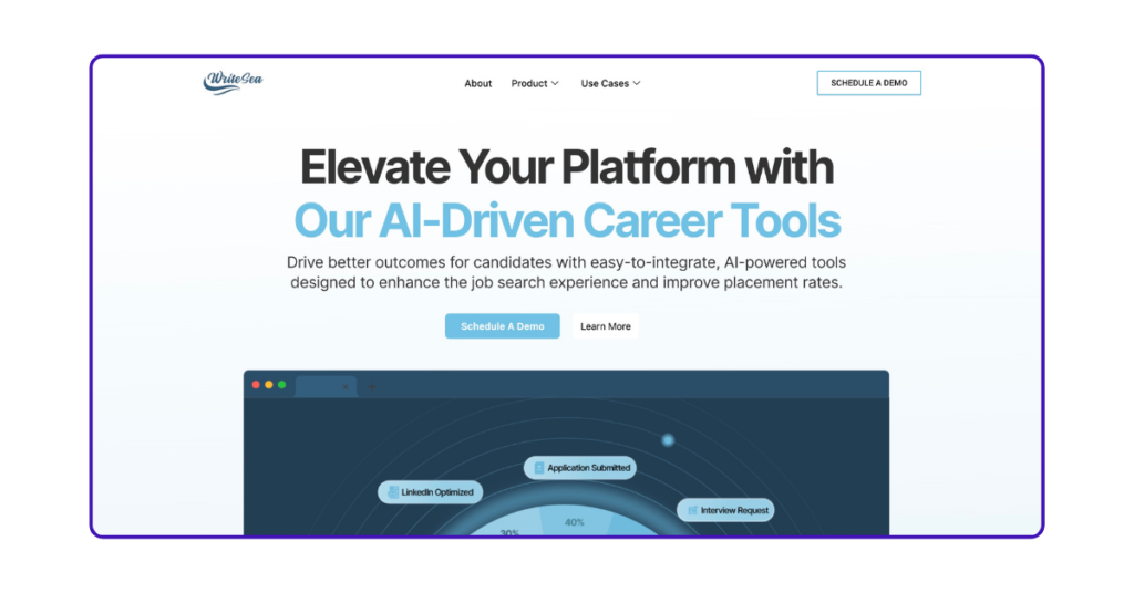 Página de inicio de las herramientas profesionales basadas en IA de WriteSea con opción de inscripción a la demo.