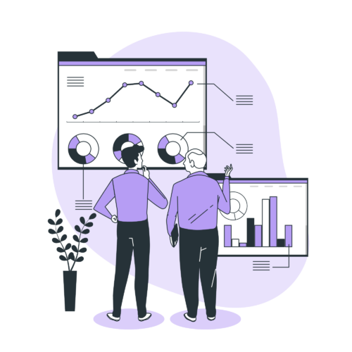 Two professionals analyzing data on a large dashboard screen, discussing career strategies.