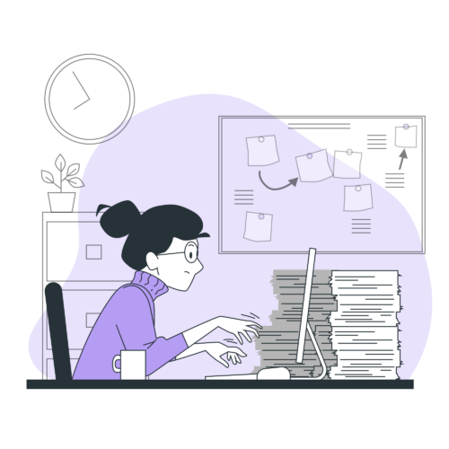 Mujer trabajando intensamente en un escritorio desordenado con papeles y un ordenador, una ajetreada búsqueda de empleo.