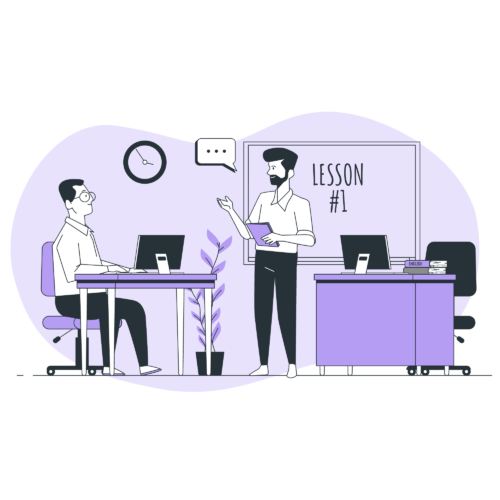 Ilustración de un profesor y un estudiante de primer año hablando de su carrera profesional.