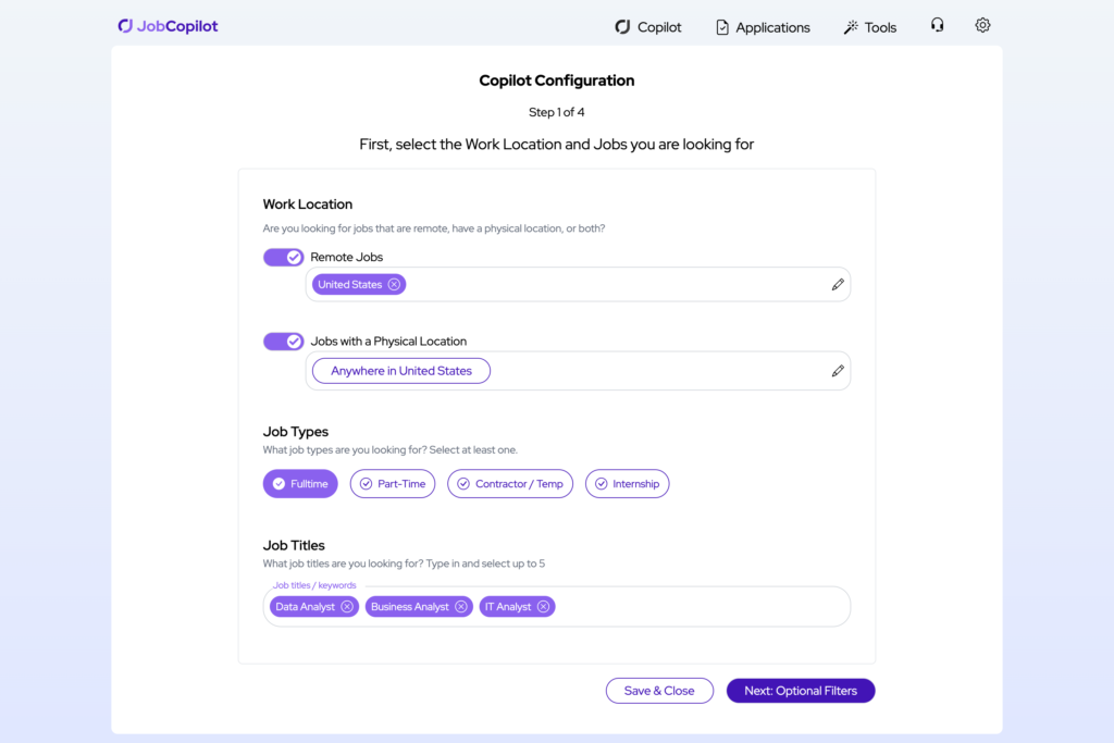 JobCopilot configuration screen for selecting work location and job types for data analyst positions.