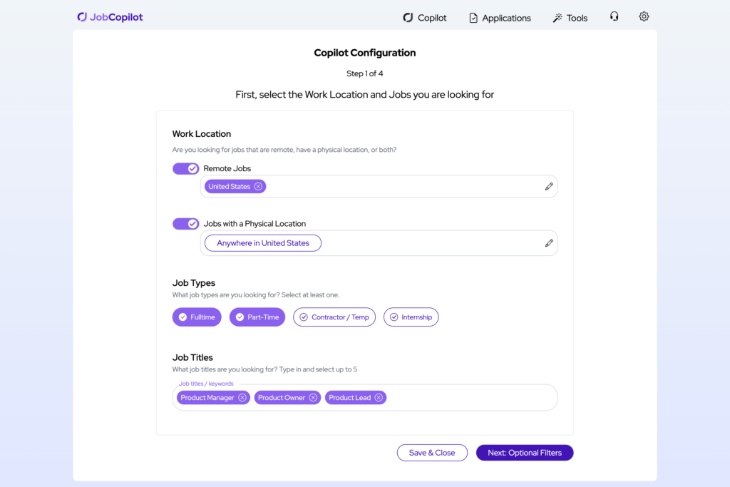 JobCopilot configuratiescherm voor het selecteren van werklocatie en functietypen voor productmanagementfuncties.