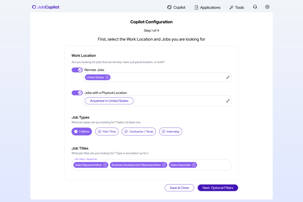 JobCopilot configuratiescherm voor het selecteren van werklocatie en functietypen voor verkoopposities.