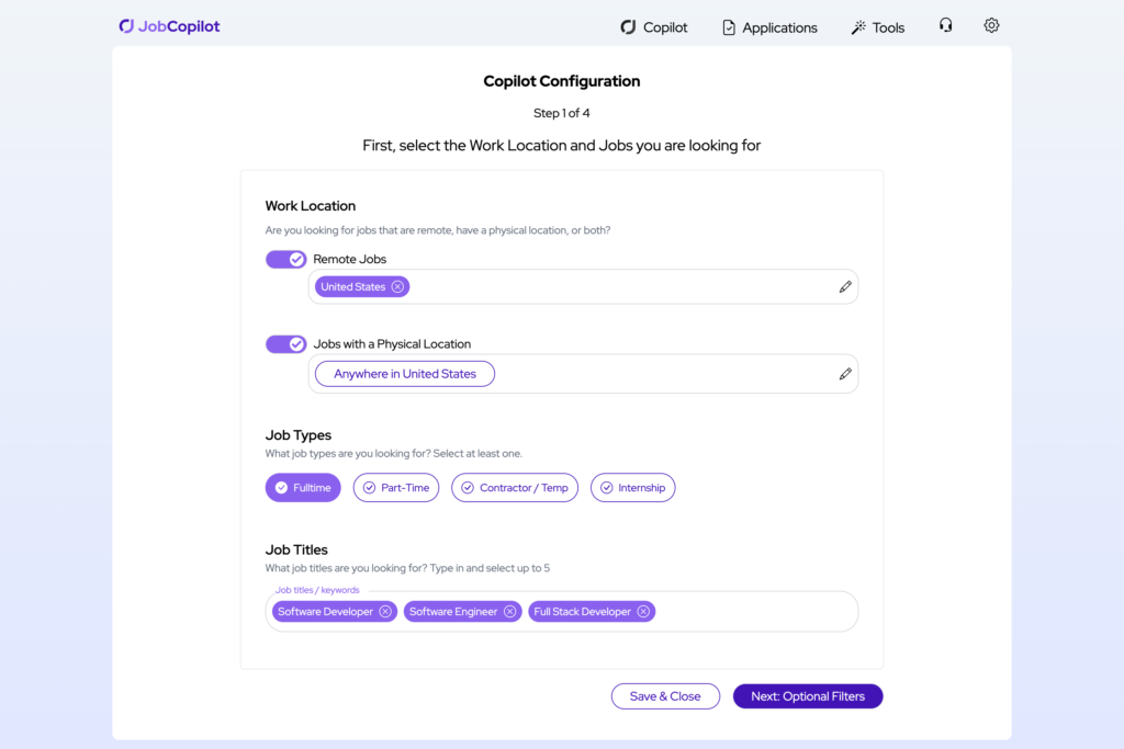 JobCopilot configuration screen for selecting work location and job types for software development positions.