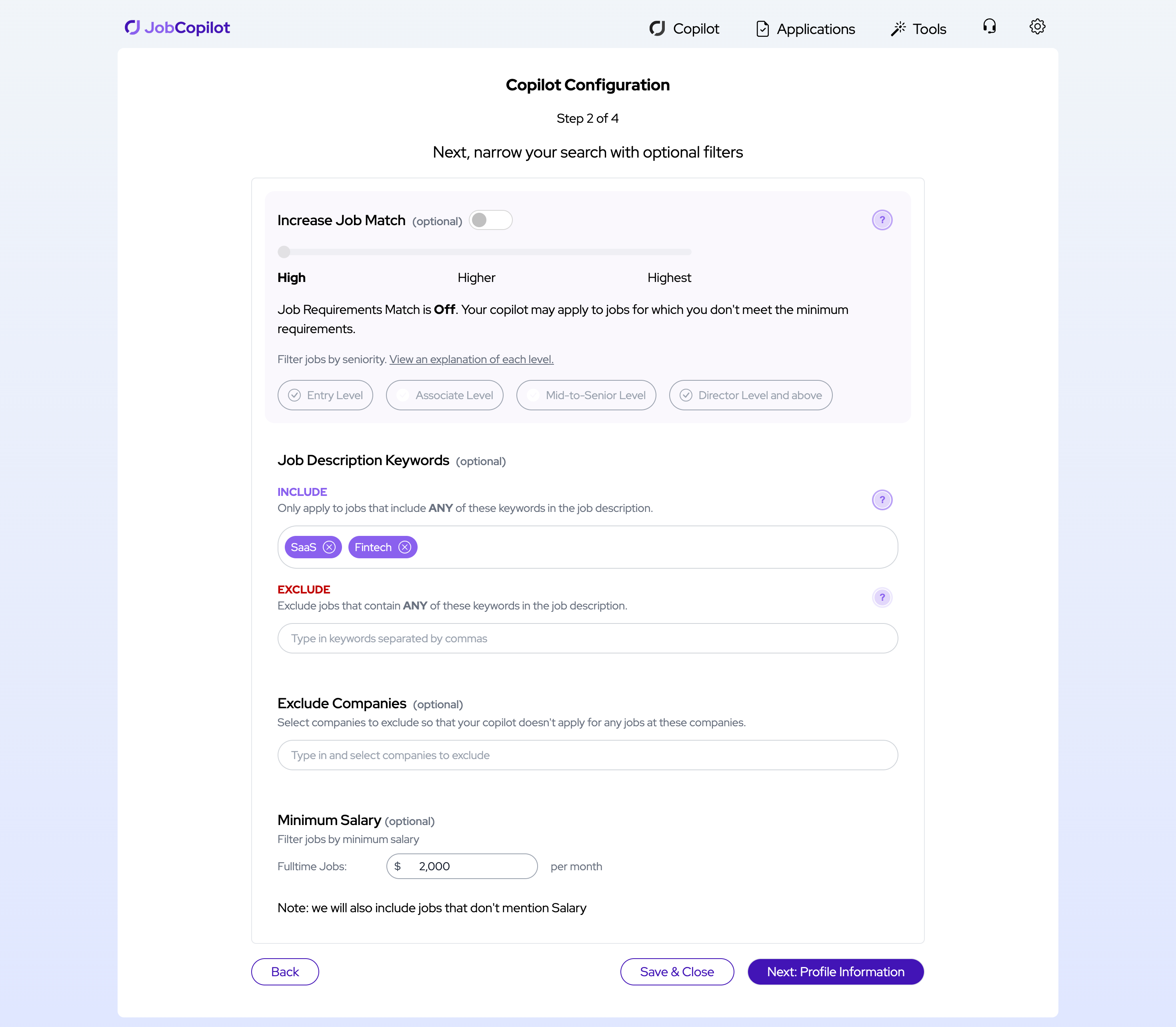 JobCopilot filter configuration screen for narrowing job search with options for job level, keywords, company exclusions, and salary requirements.