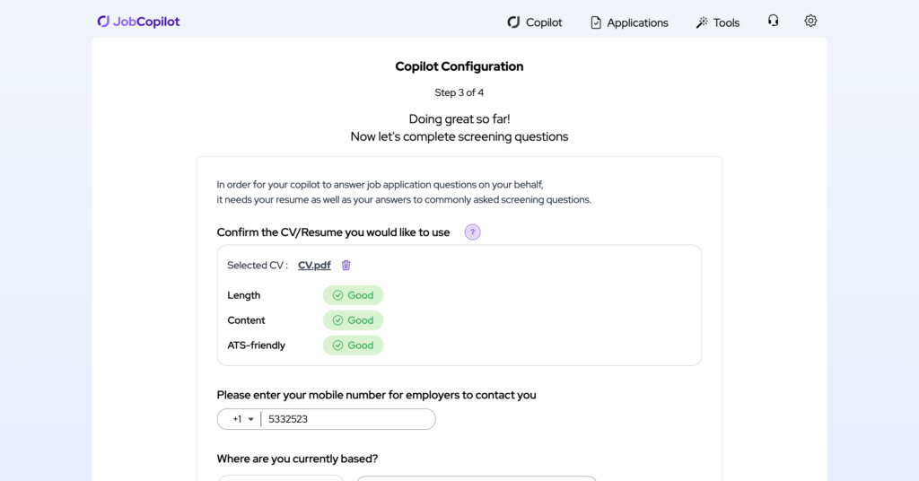 JobCopilot setup screen for verifying CV details and entering personal contact information for job applications.