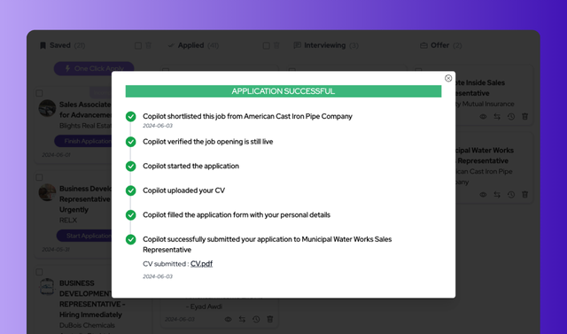 Job Application History on JobCopilot's Application Tracker