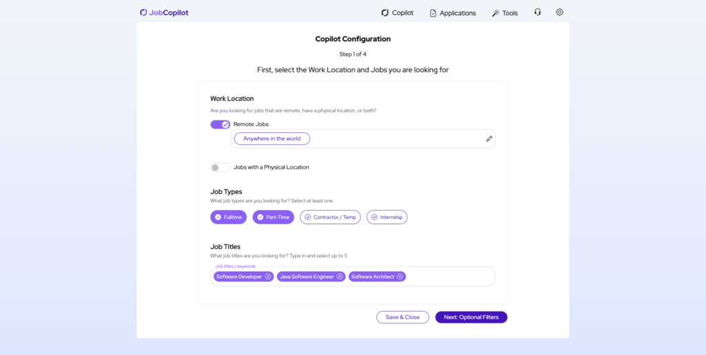 JobCopilot configuration screen for selecting work location and job types for remote positions.