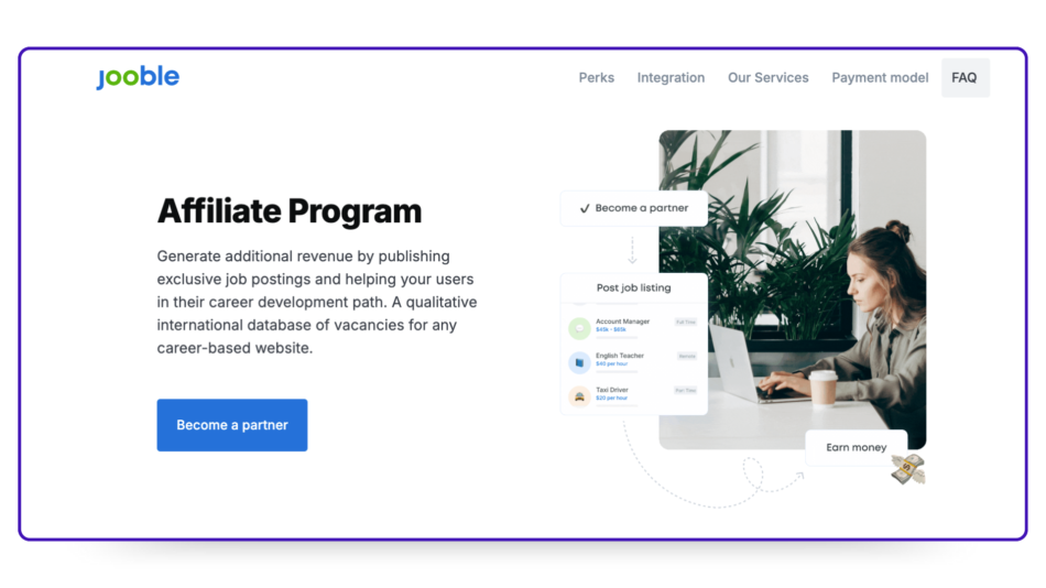Screenshot of Jooble's affiliate program page