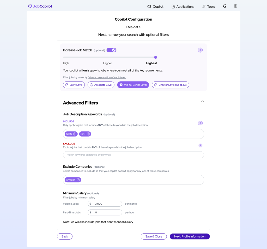 JobCopilot filter configuration screen for narrowing job search with options for job level, keywords, company exclusions, and salary requirements.