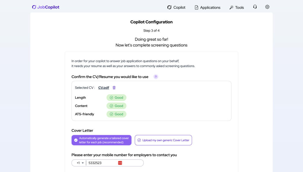 JobCopilot setup screen for verifying CV details and entering personal contact information for job applications.