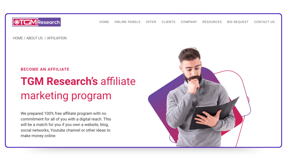 Screenshot of TGM Research's affiliate program page