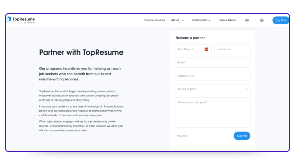 Screenshot of TopResume's affiliate program page