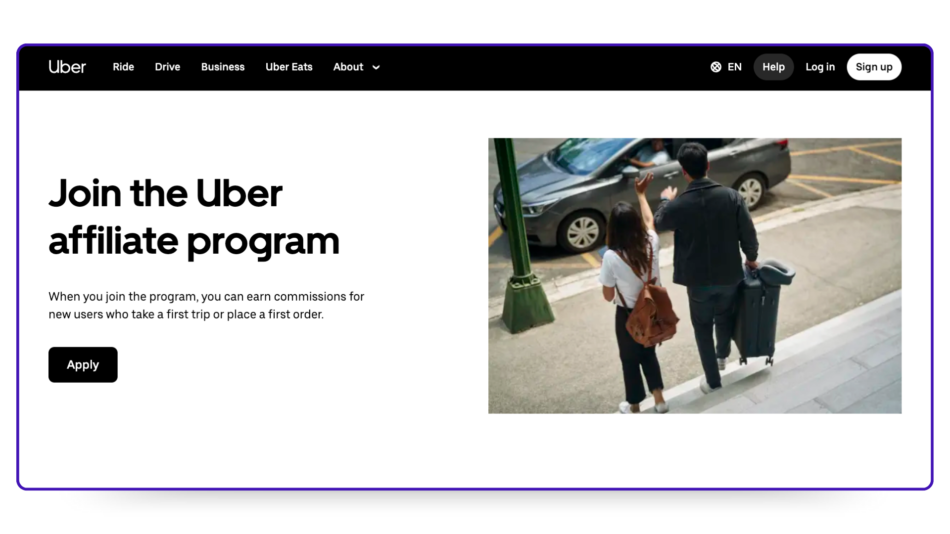 Screenshot of Uber's affiliate program page