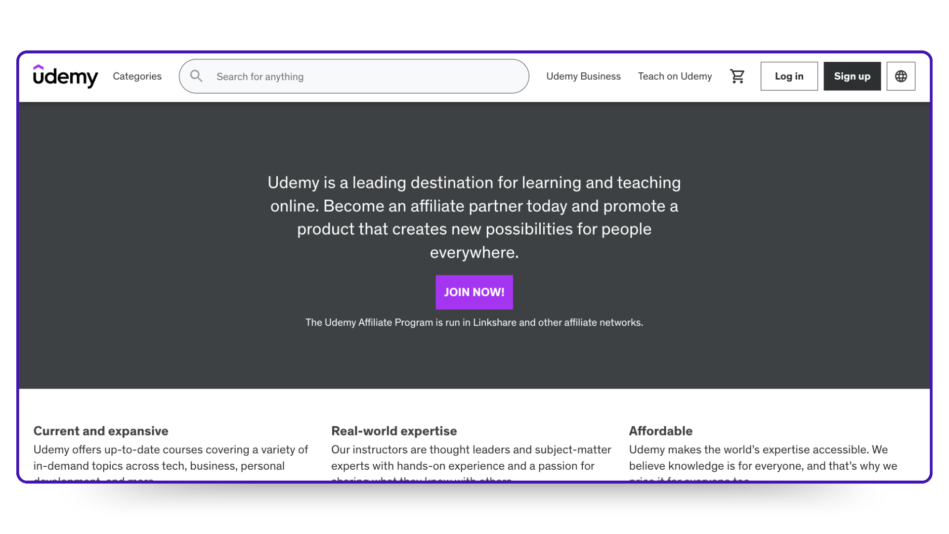 Screenshot of Udemy's affiliate program page
