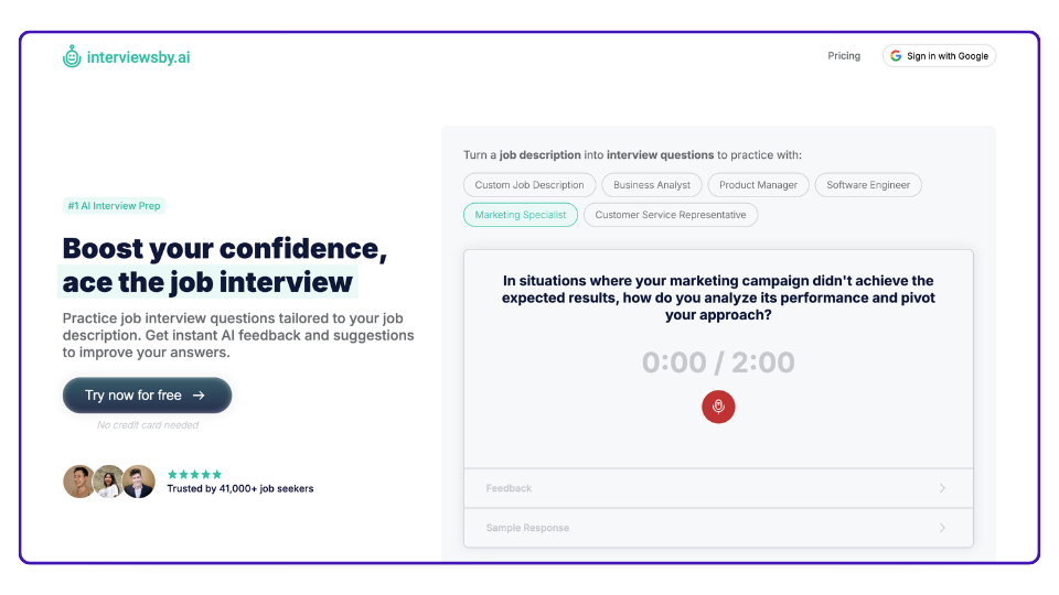 Página de inicio de Interviewsby.ai