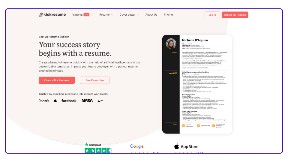 Página de inicio de KickResume