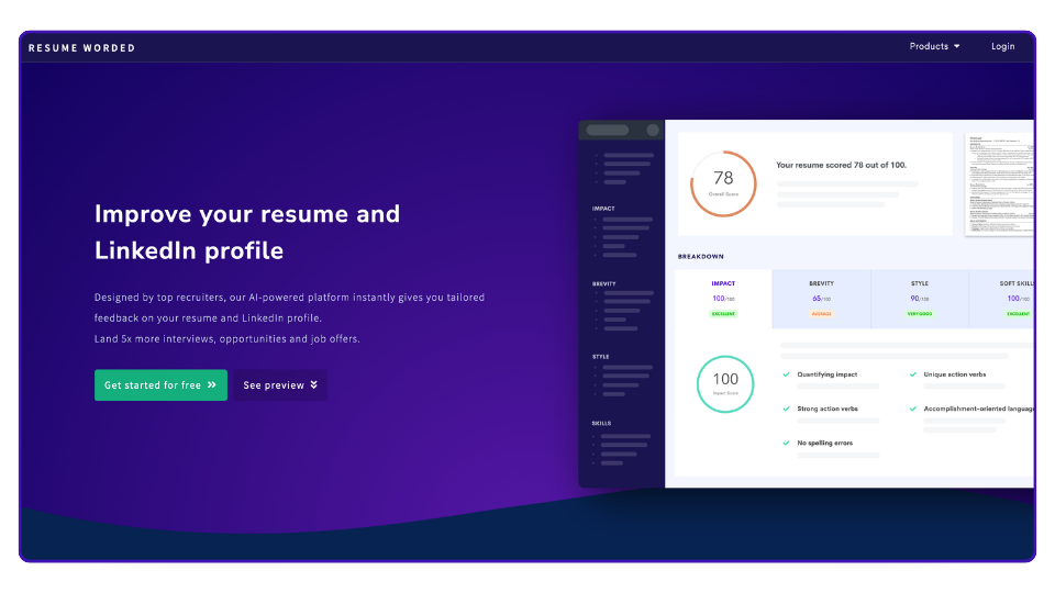 Página de inicio de Resume Worded
