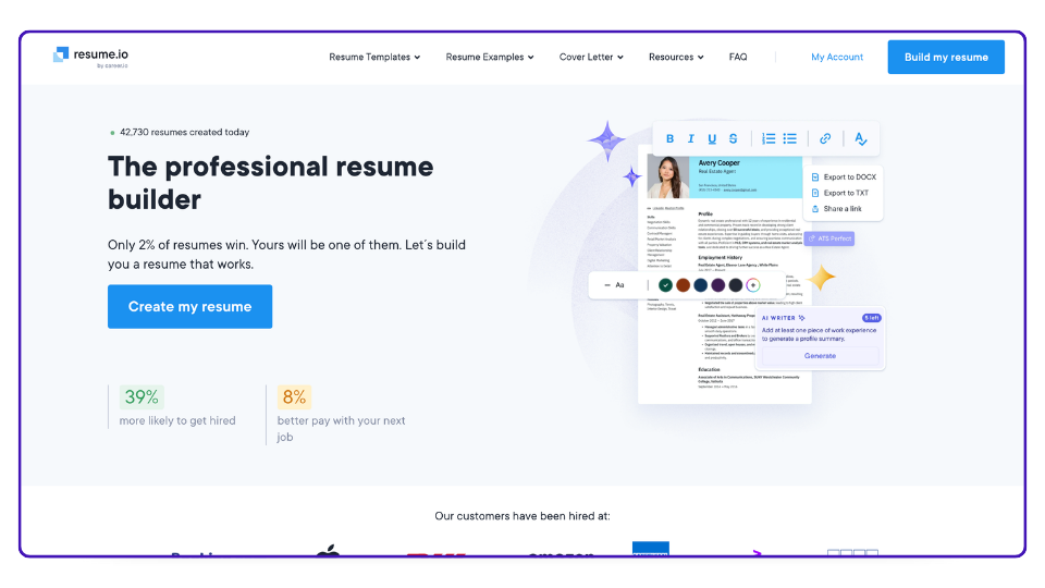 Página de inicio de Resume.io