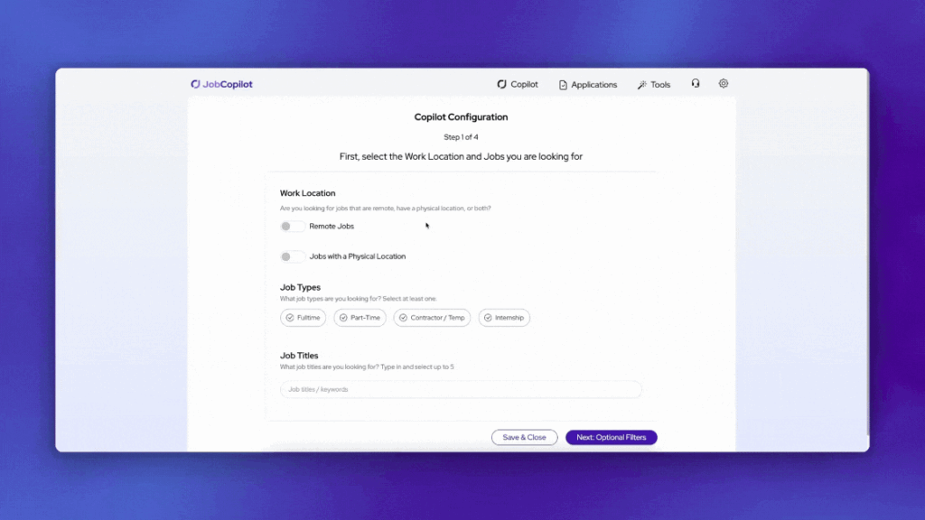 JobCopilot Filtres de localisation