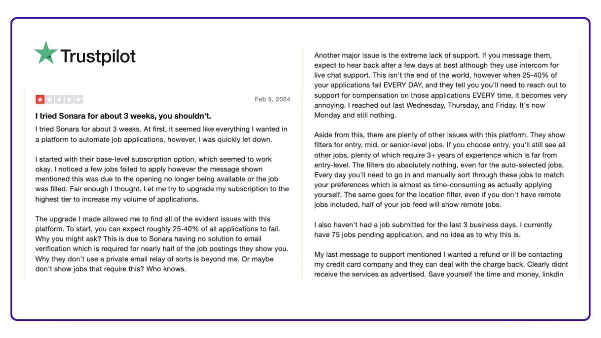 Reseña de usuario de Sonara en TrustPilot