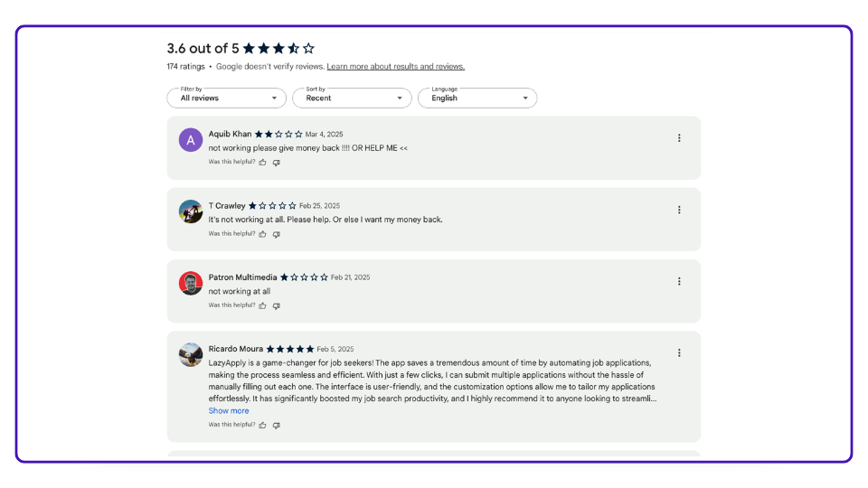 LazyApply Chrome Web Store Critiques