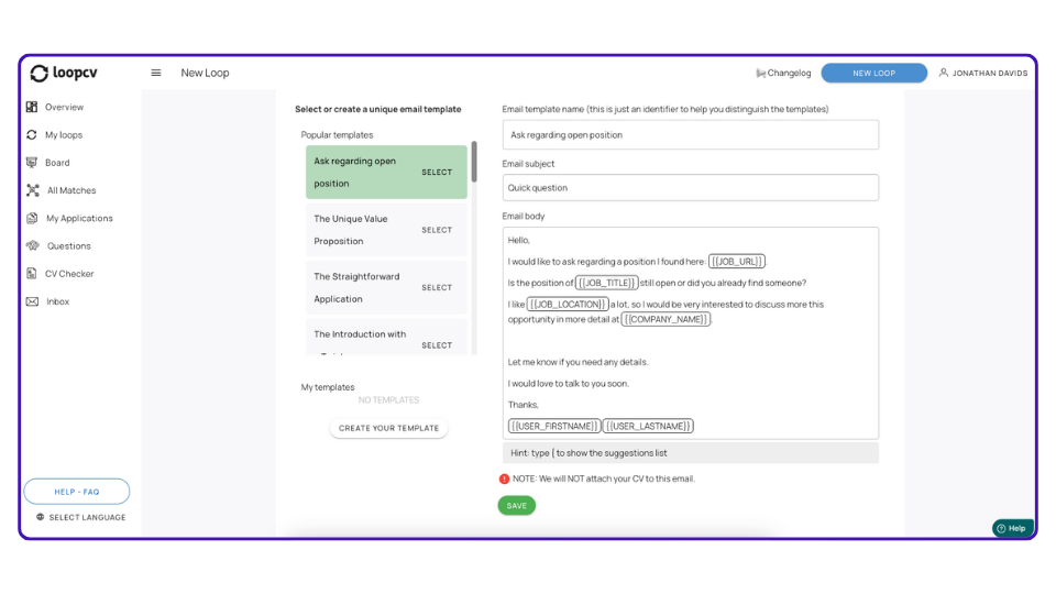LoopCV - Selección de plantillas de correo electrónico