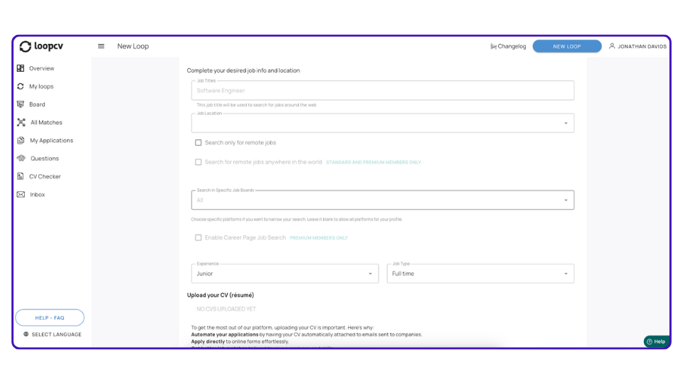 LoopCV - Configuración de la búsqueda de empleo