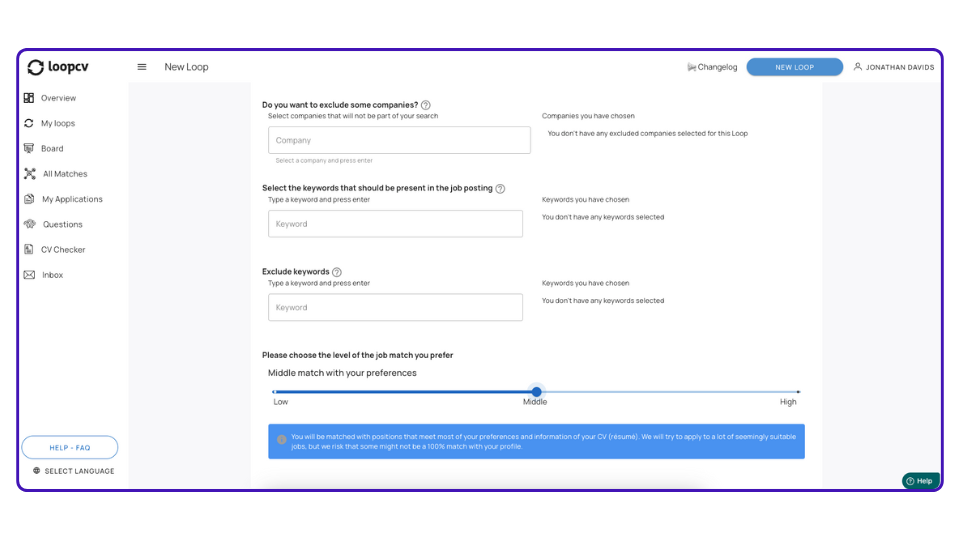 LoopCV - Configuración de criterios de coincidencia