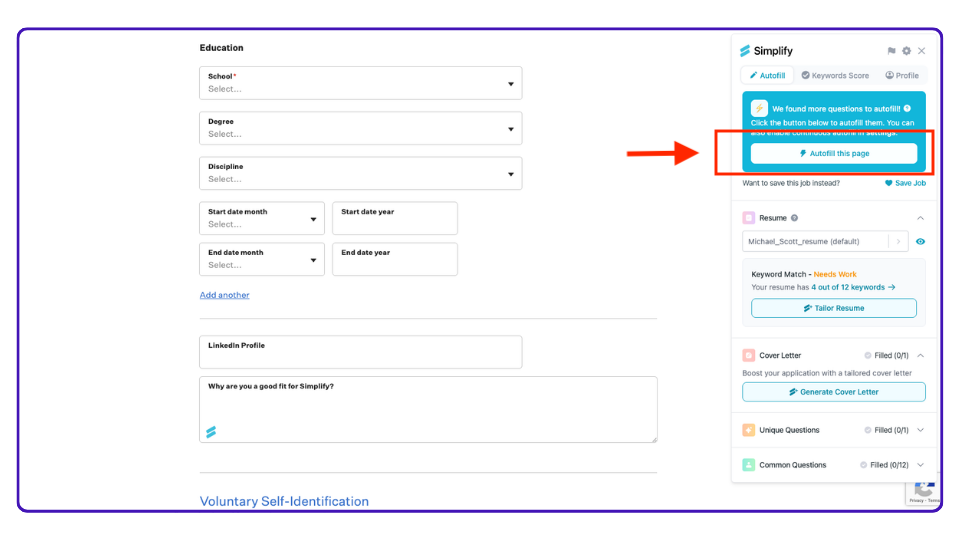 Cliquez sur AutoFill with Simplify Extension (Remplissage automatique avec l'extension Simplify)