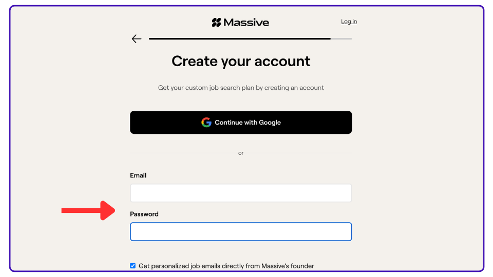 Screenshot of Massive platform showing the account creation screen.