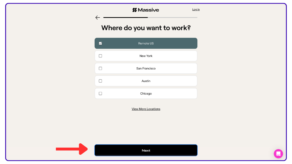 Screenshot of Massive onboarding questionnaire asking job preferences.
