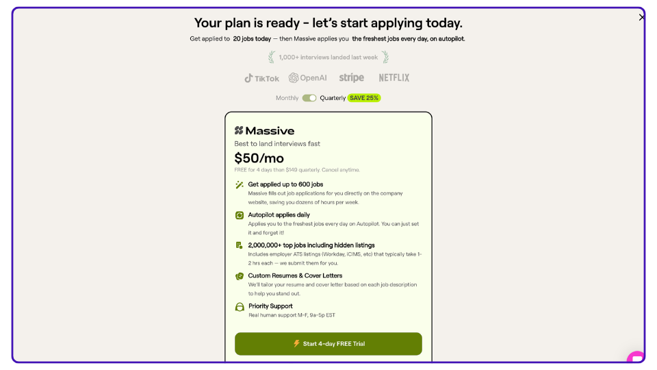 Screenshot of Massive pricing page