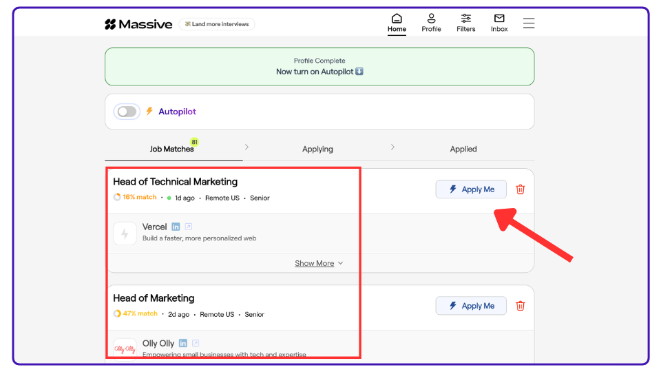 Screenshot of Massive dashboard showing recommended job listings.