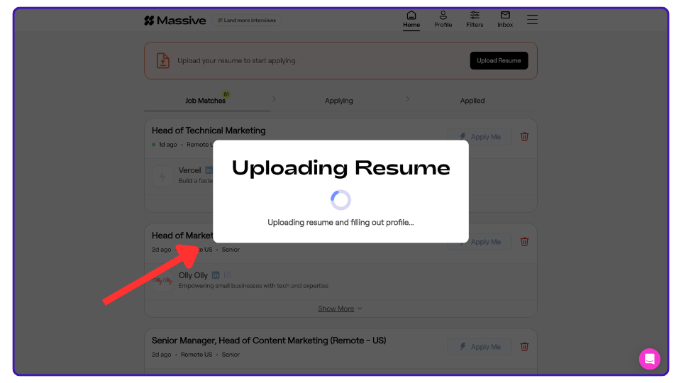 Screenshot of Massive platform where users can upload their resume.