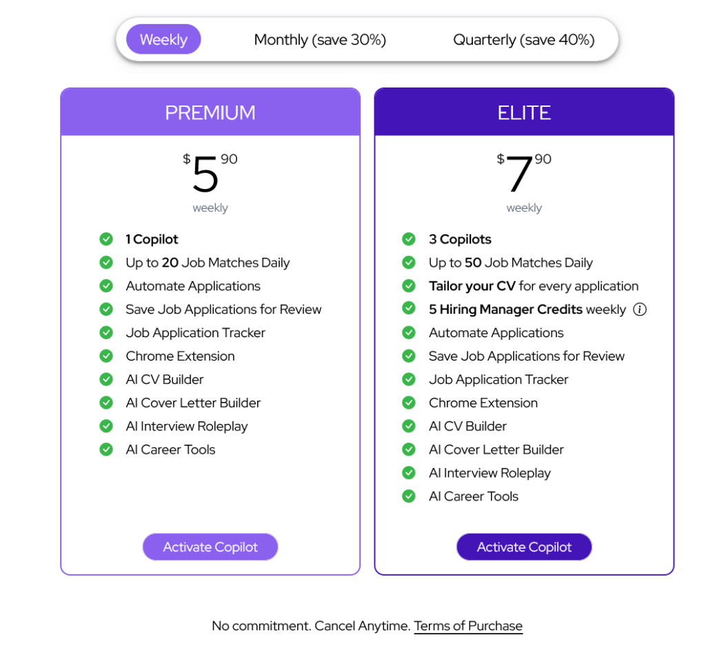 “La page de tarification de JobCopilot présente les plans d'abonnement hebdomadaires : Premium à $5.90 par semaine avec jusqu'à 20 offres d'emploi par jour, et Elite à $7.90 par semaine avec jusqu'à 50 offres d'emploi par jour, plus des options mensuelles et trimestrielles.