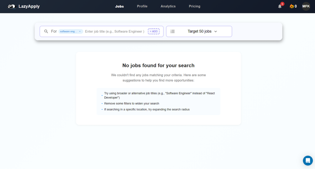 Le tableau de bord de recherche d'emploi de LazyApply affiche un message ‘Aucun emploi trouvé pour votre recherche’ après avoir saisi un mot-clé de génie logiciel, ce qui met en évidence les filtres de recherche limités et peu fiables.