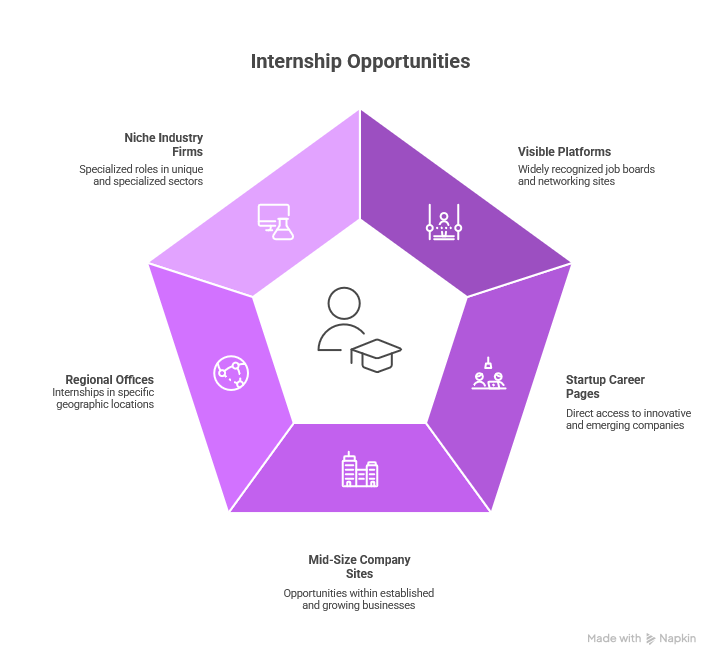 Infographie en forme de pentagone présentant cinq sources de stages : plateformes d'emplois visibles, pages carrières de startups, sites d'entreprises de taille moyenne, bureaux régionaux et entreprises de niche, avec une icône d'étudiant au centre.