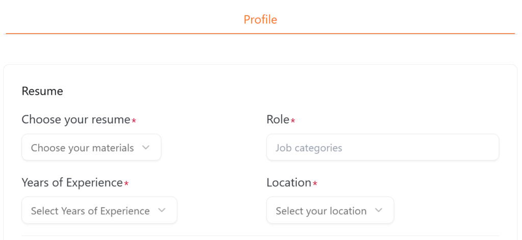 Final Round AI's profile setup form with resume upload, role selection, years of experience, and location fields.