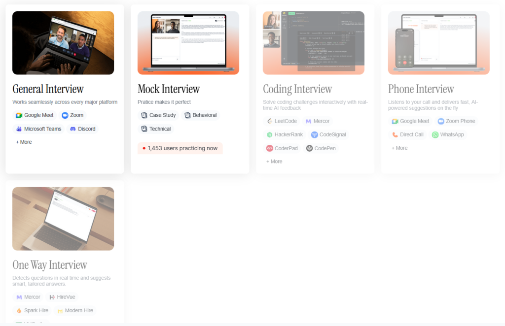 Final Round AI's dashboard showing interview modes including general, mock, coding, phone, and one-way interviews across platforms.