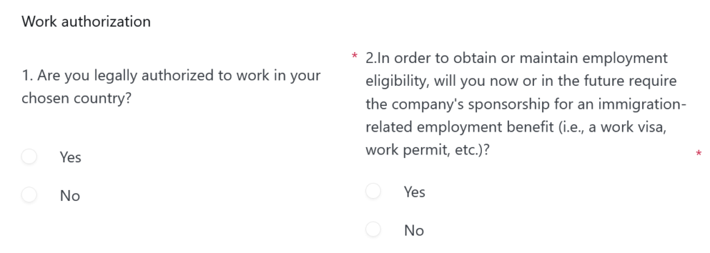 Final Round AI's work authorization section asking about legal work eligibility and visa sponsorship requirements.