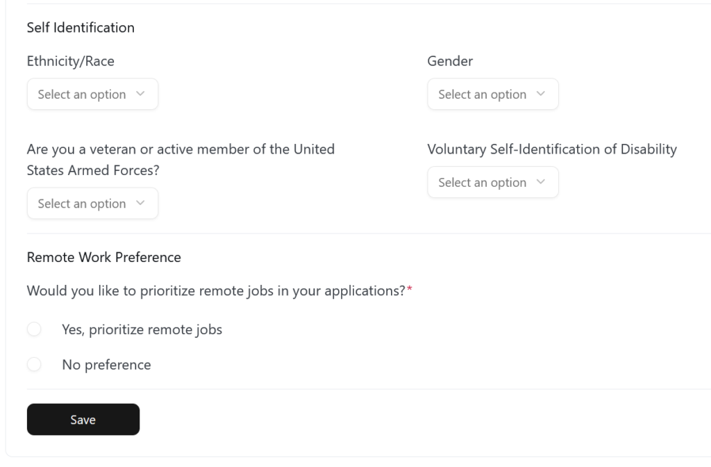 Final Round AI's self-identification form with ethnicity, gender, veteran status, disability options, and remote work preference.