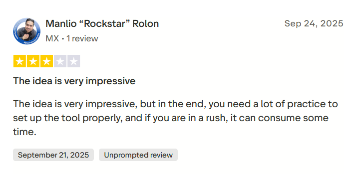 Final Round AI's user review showing a 3-star rating praising the idea but noting the tool requires practice and setup time.