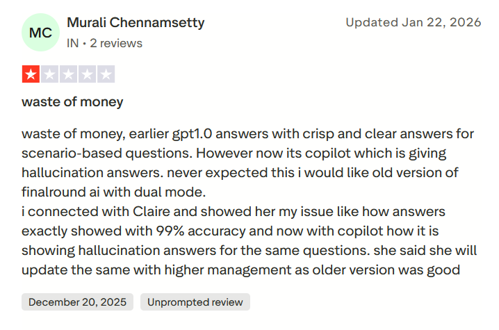 Final Round AI's one-star user review criticizing accuracy issues and hallucinated answers compared to an older version.